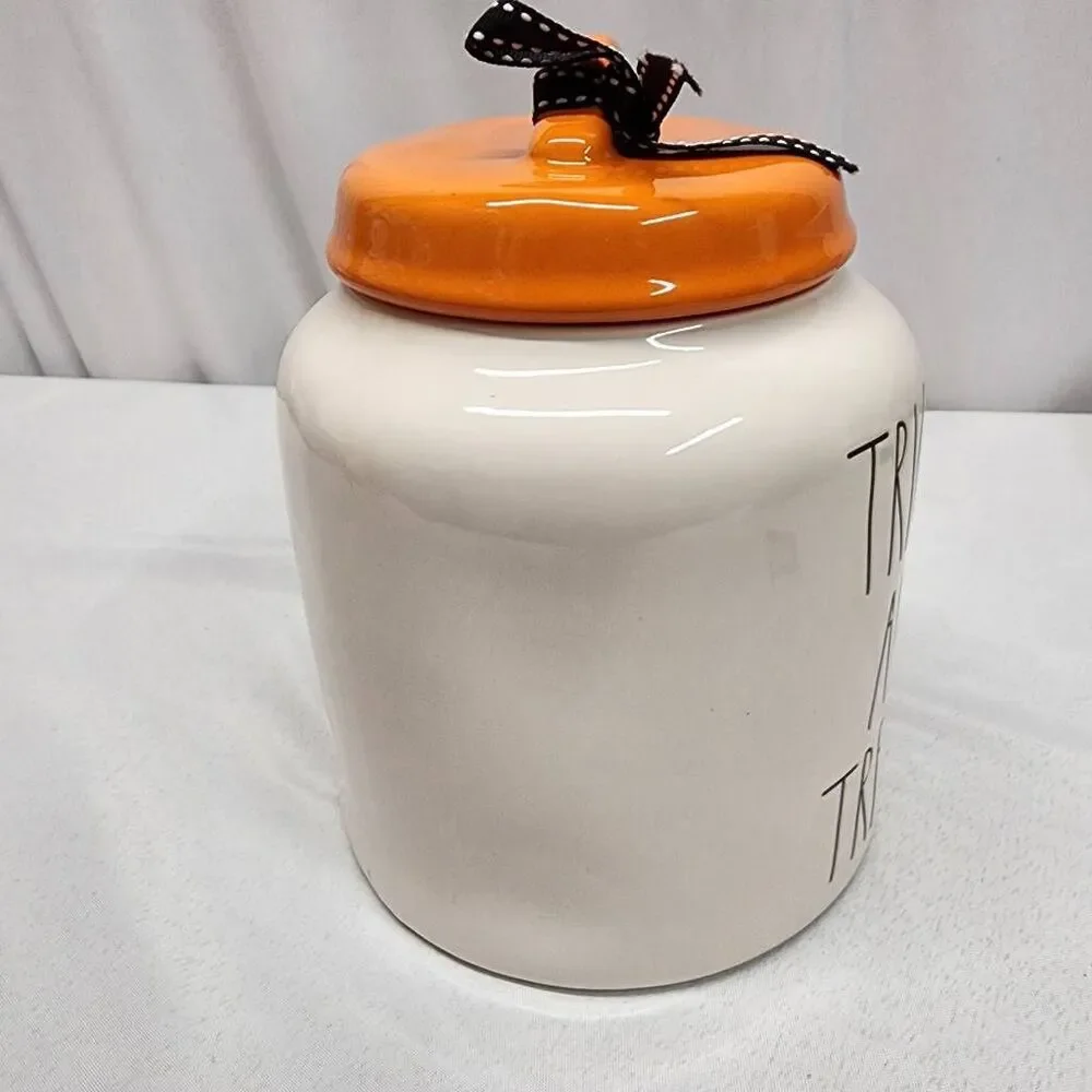 Rae Dunn TRICKS AND TREATS Halloween Canister Orange Lid Ceramic Cookie Treat Ja